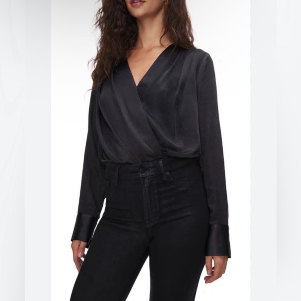 Good American Wrap Front Long Sleeve Satin Bodysuit Black Size 5/2XL